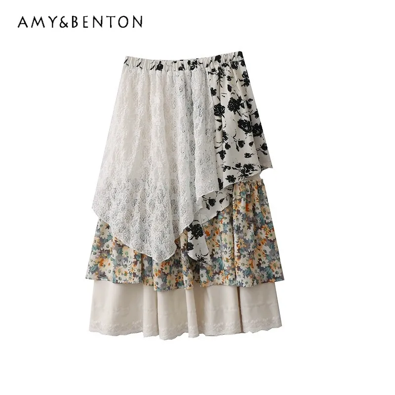 

Новая летняя женская юбка А-силуэта средней длины в винтажном пасторальном стиле с цветочным кружевом и асимметричным подолом