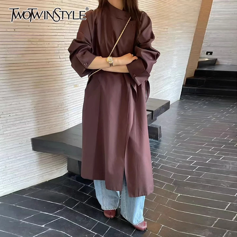 

TWOTWINSTYLE Solid Spliced Lace Up Trench Female Stand Neck Long Sleeve Loose French Romantic Women's Trenchs Autumn Fashion New