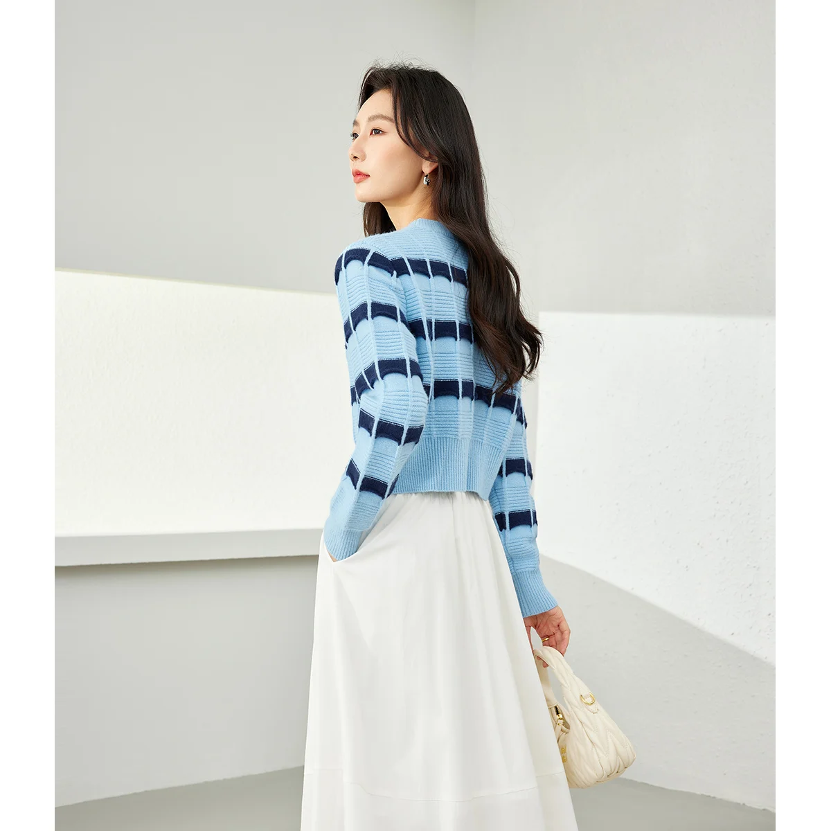 VIMLY Women's Color Contrast Striped Sweater 2026 Spring Simple Office Round Neck Casual Loose Cropped Knitted Pullovers 72791