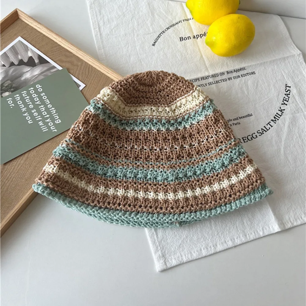 

Fashion Color Random Fisherman Hat Rainbow Striped Big Eaves Crochet Bucket Hat Breathable Multicolor Straw Bucket Cap Travel