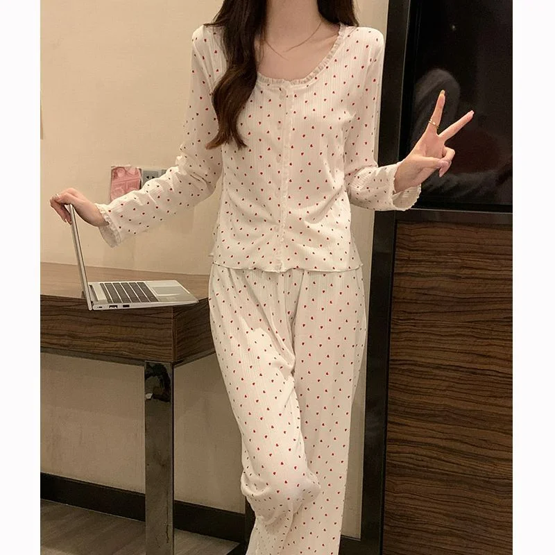 

Autumn Nightwear Women Spring and Autumn Long Sleeve Pure Cotton New Sweet Net Red Wind Round Neck Love Two Sets Comfortable