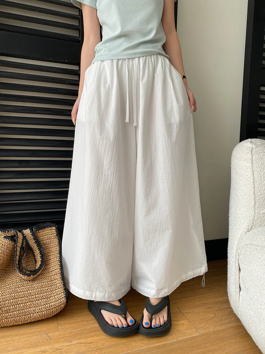 Spring and summer women's solid color drawstring elastic high waisted loose wide leg casual pants