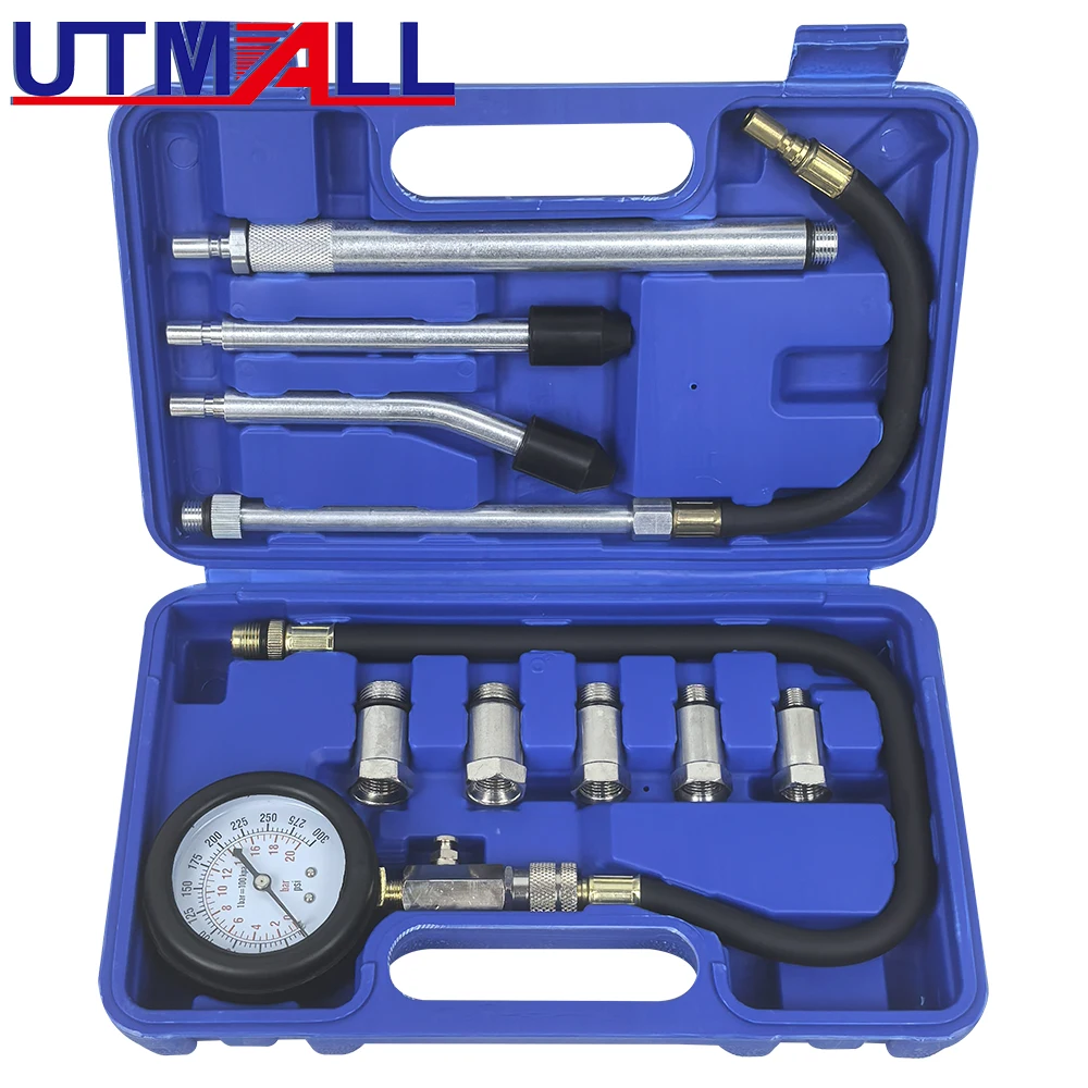 11pcs Engine Compression Tester Adapter Kit, Automotive Engine Cylinder Leak Down Compression Test Motor Pressure Gauge for Cars