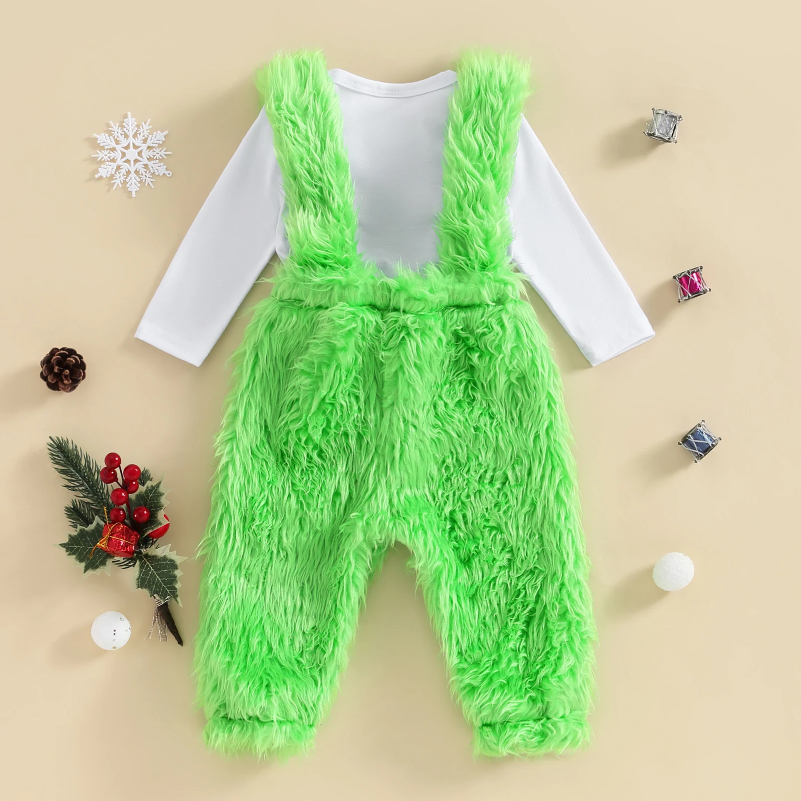 Tregren 0-24M Infant Baby Boy Girl Christmas Jumpsuit Set, Letter Print Long Sleeve Crew Neck Romper + Plush Suspender Pants