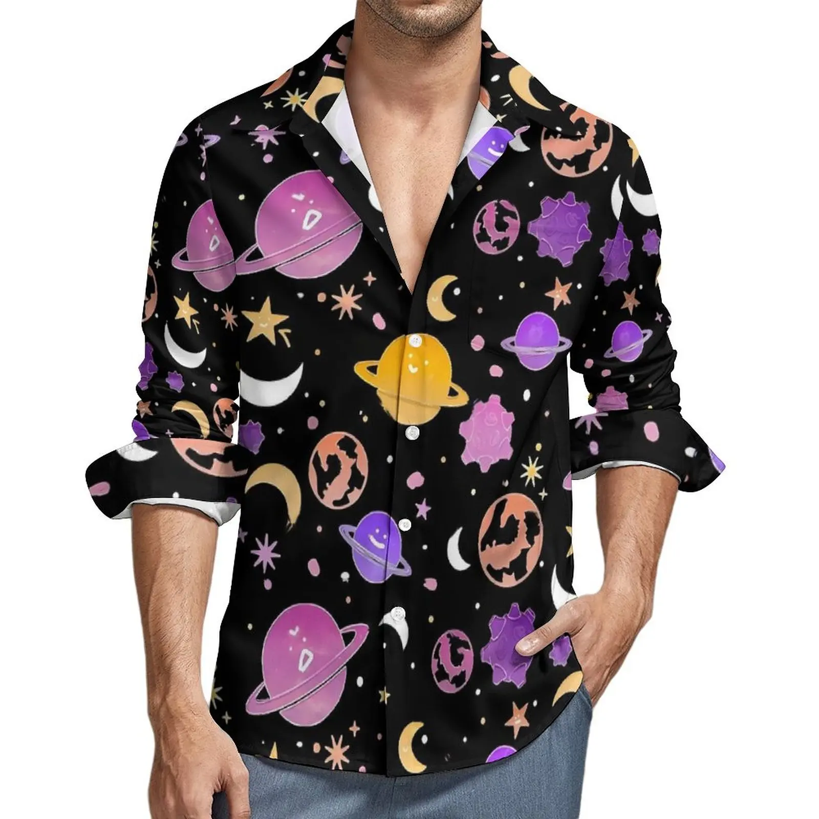 Spring Design Clothing Outer Space Print Blouse Mens Stars Moon Galaxy Shirt Long Sleeve Lapel Loose Comfortable Casual Shirts