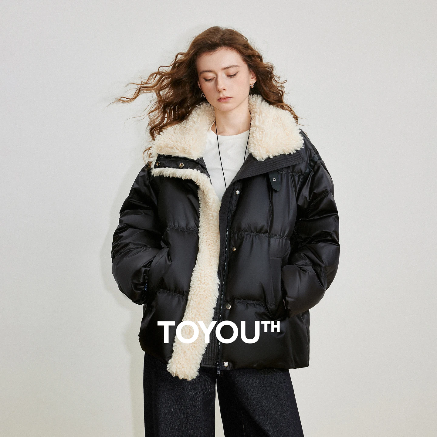 TOYOUTH Women 90% White Duck Down Jacket 2025 Winter New Fur Splicing Stand up Collar Light Luxury Warm Jacket Coat