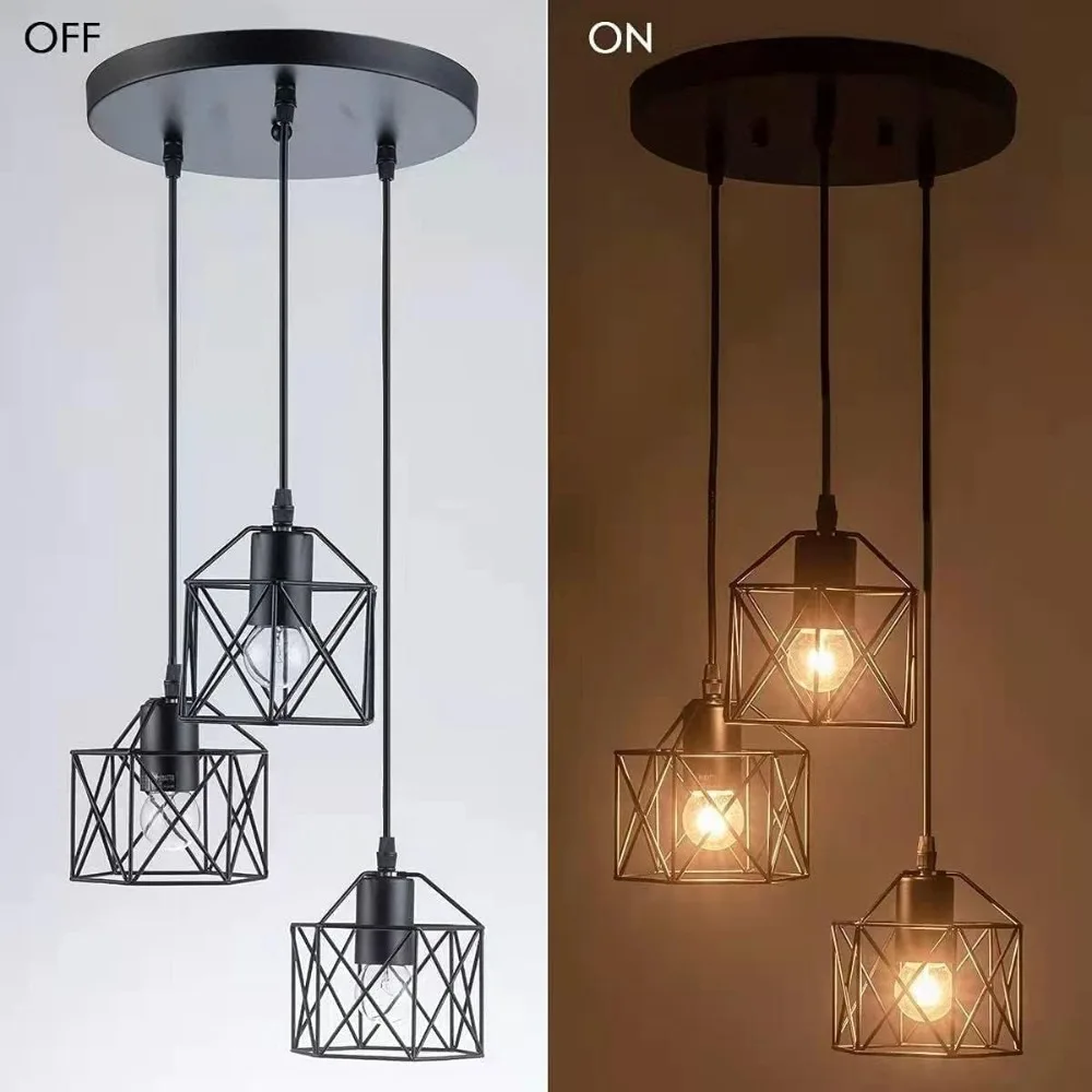 JOYINLED Vintage 3-Licht Pendelleuchte Industrielle Deckenbeleuchtung E27 Schwarze Hängelampe für Esszimmer Flur E27 – Detail 6