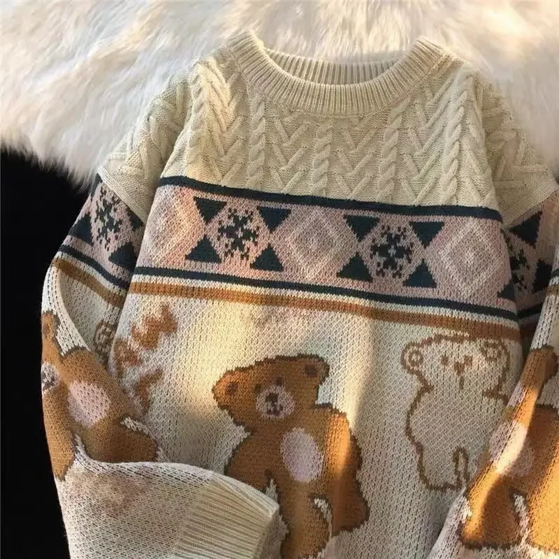 Suéter de punto de manga larga estilo Retro de Hong Kong suelto perezoso Otoño Invierno hombres mujeres Casual Top abrigo moda jersey de cuello redondo