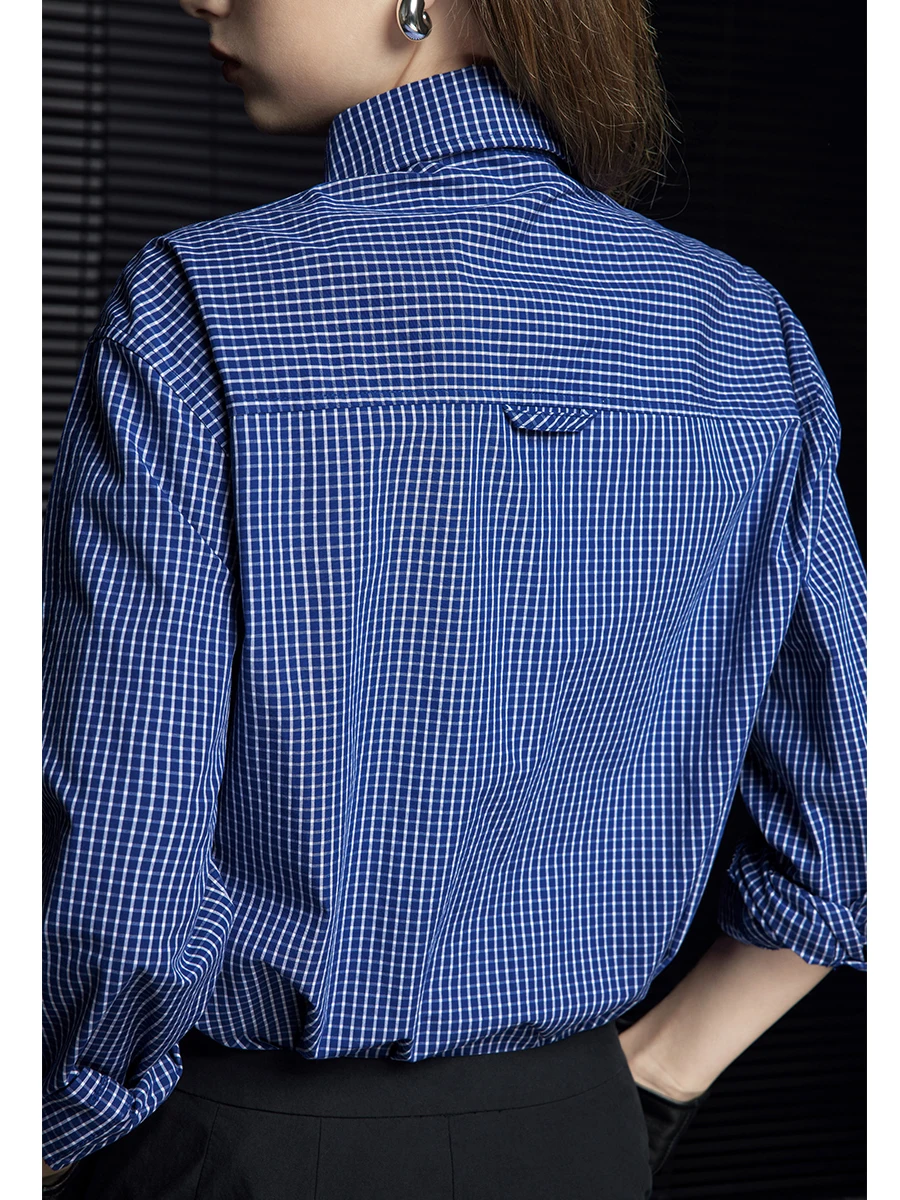 

Blue Plaid Long Sve irt Women's Ele Design Street Sle Cotton Pure Breathable Autumn Faion Hong Kong Sle