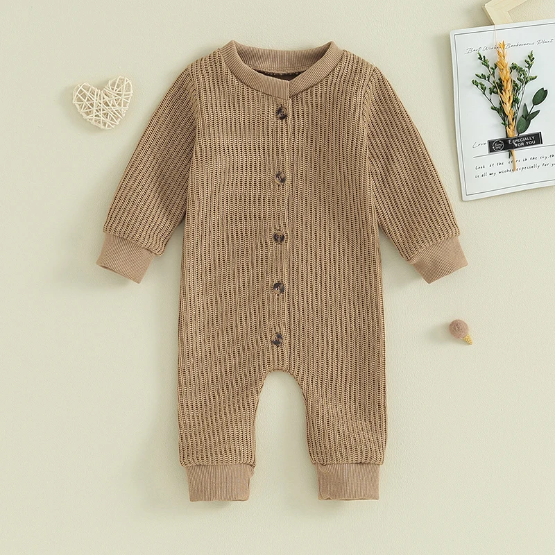 

Baby Boys Knit Rompers Infant Casual Buttons Round Neck Long Sleeve Bodysuit Newborn Jumpsuits for Winter