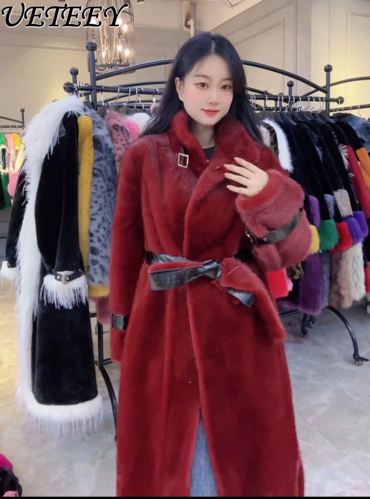 

2025 New Winter Versatile Stand Collar Long Coat Elegant Fashion Women Solid Color Belt High-end Faux Fur Jacket Overcoat
