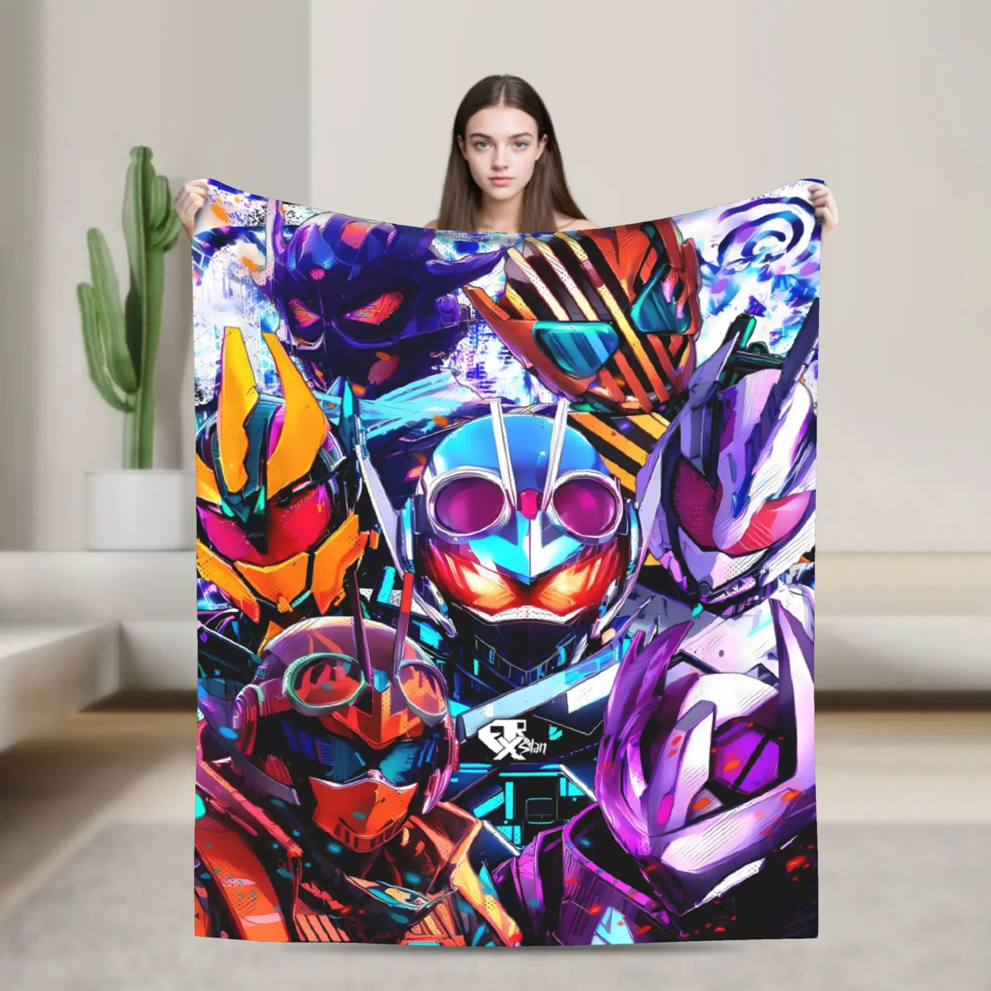Rainbow Mixed Armor Kamen Rider Anime Blanket  Warm Soft Pattern Plush Throw Blanket For Couch Bed Flannel Bedspread Bed Cover