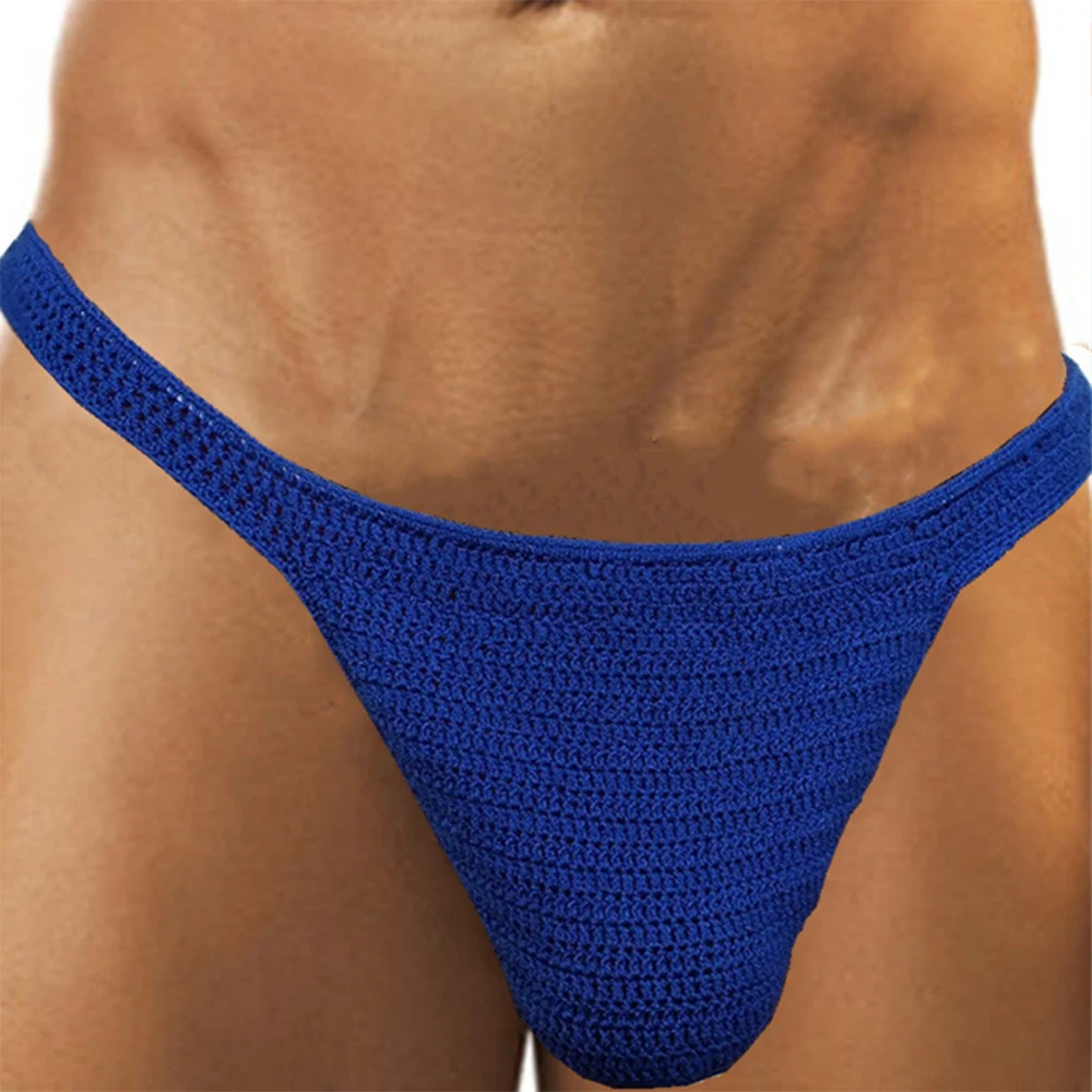 Sexy Men Hand Crochet G String Panties Low Rise Thong Underpants Swimming Sunbathing Underwear Bikini Breathable Swimwear