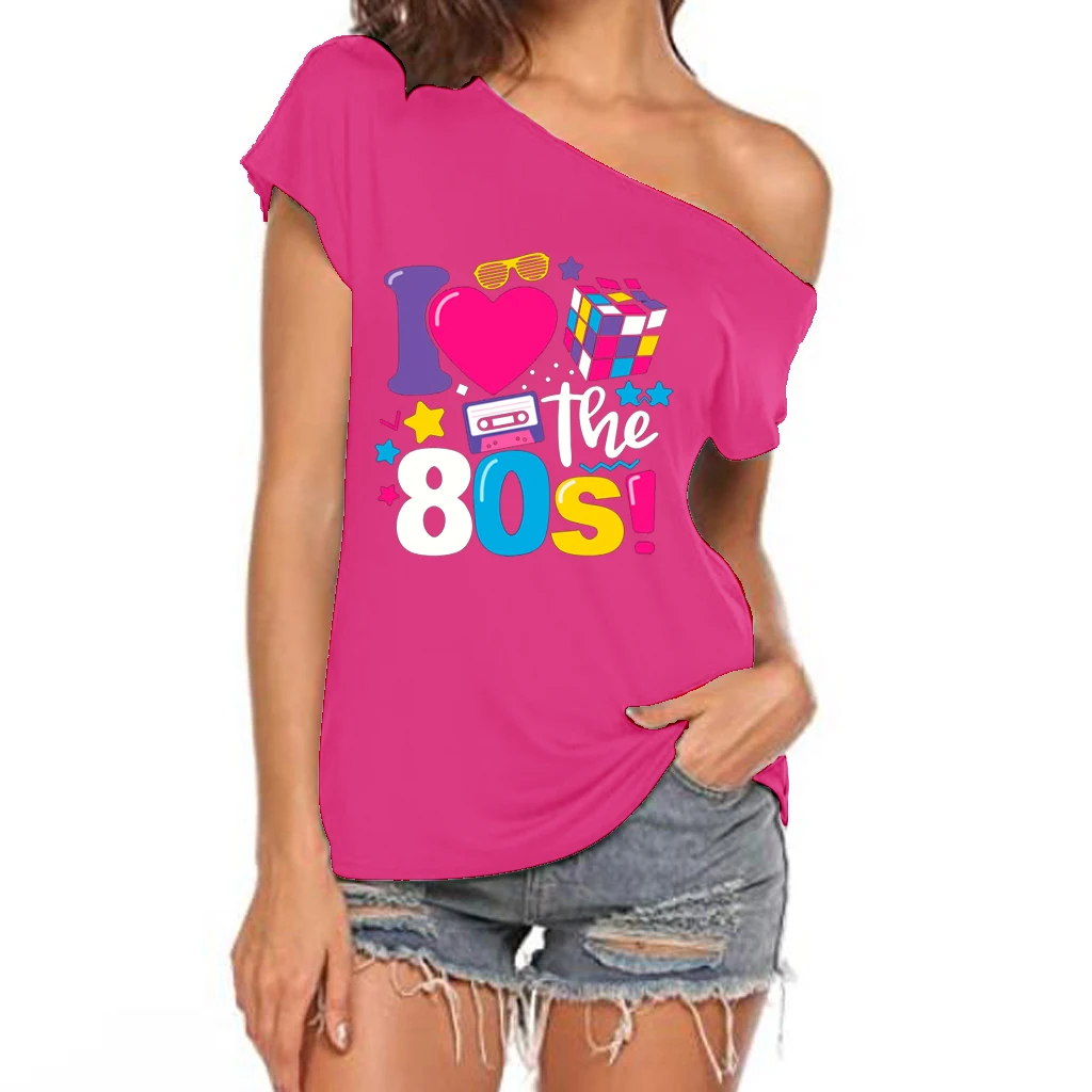 XUANSHOW 2024 Sommer I Love the 80s Emotional Element T-Shirt Sexy Off Shoulder Tops Kurzarm Buchstaben bedrucktes T-Shirt – Detail 15