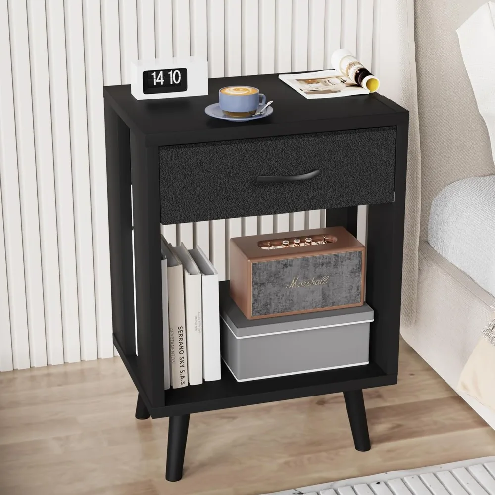

Nightstands Set of 2 with Fabric Storage Drawer and Open Wood Shelf, Side Table with Storage for Bedroom, Night Stand with