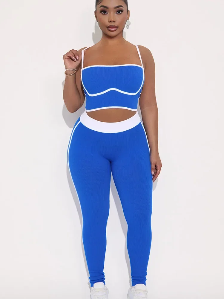 Doyerl Setelan Olahraga Rajutan Bergaris Wanita Dua Potong Set Kamisol Kebugaran Sporty Atasan Crop dan Celana Olahraga Jogger Set Yoga Lari