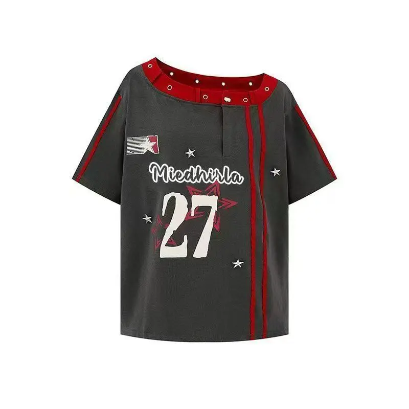 

American Style Spicy Girl Slanted Neck Off Shoulder Short Sleeved T-shirt for Women's Summer Stars Loose Fashion Brand Jersey