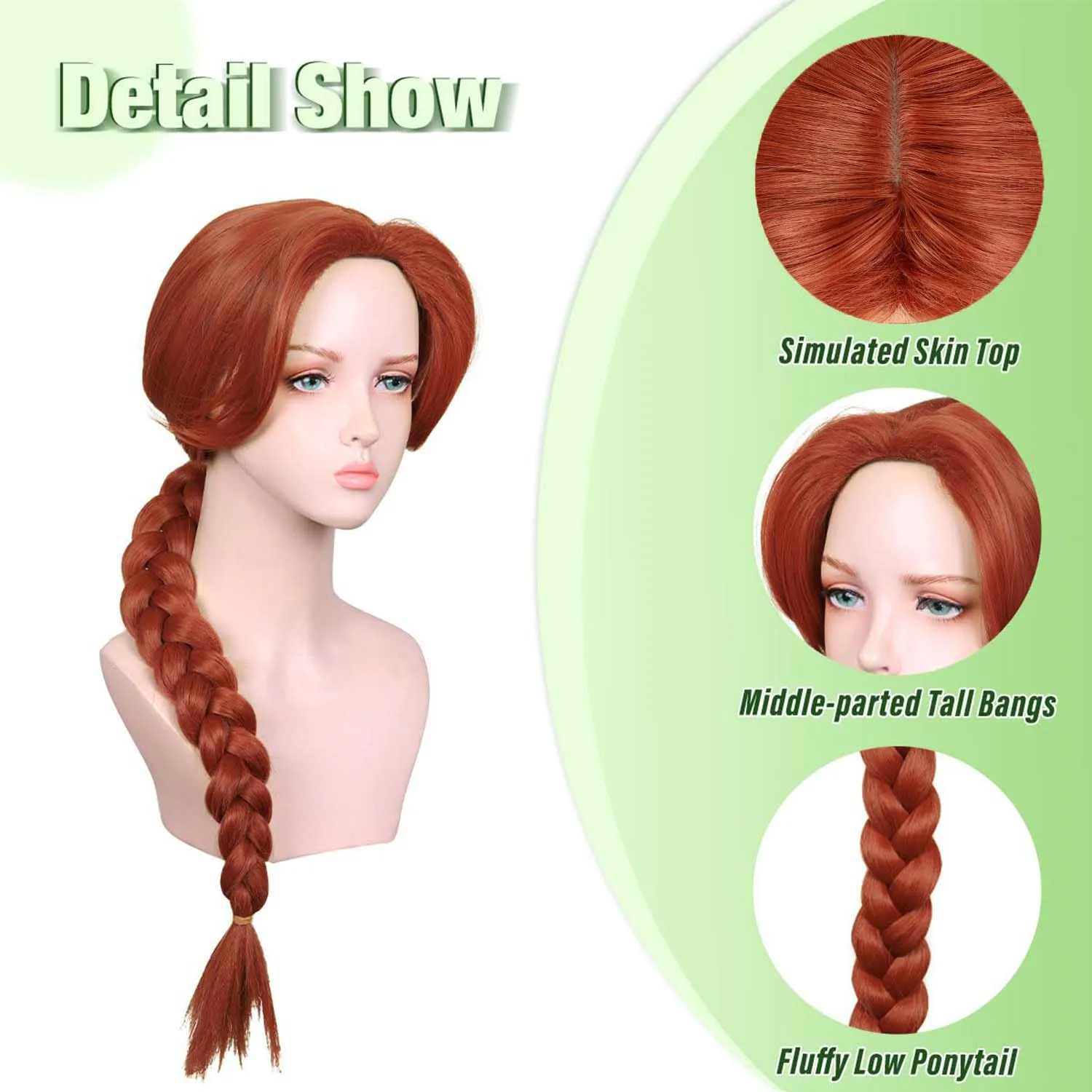 شعر مستعار صناعي طويل جديلة باللون البني المحمر للنساء، شعر مستعار فيونا للأميرة باللون الأحمر والبني لحفلات الهالوين التنكرية #3