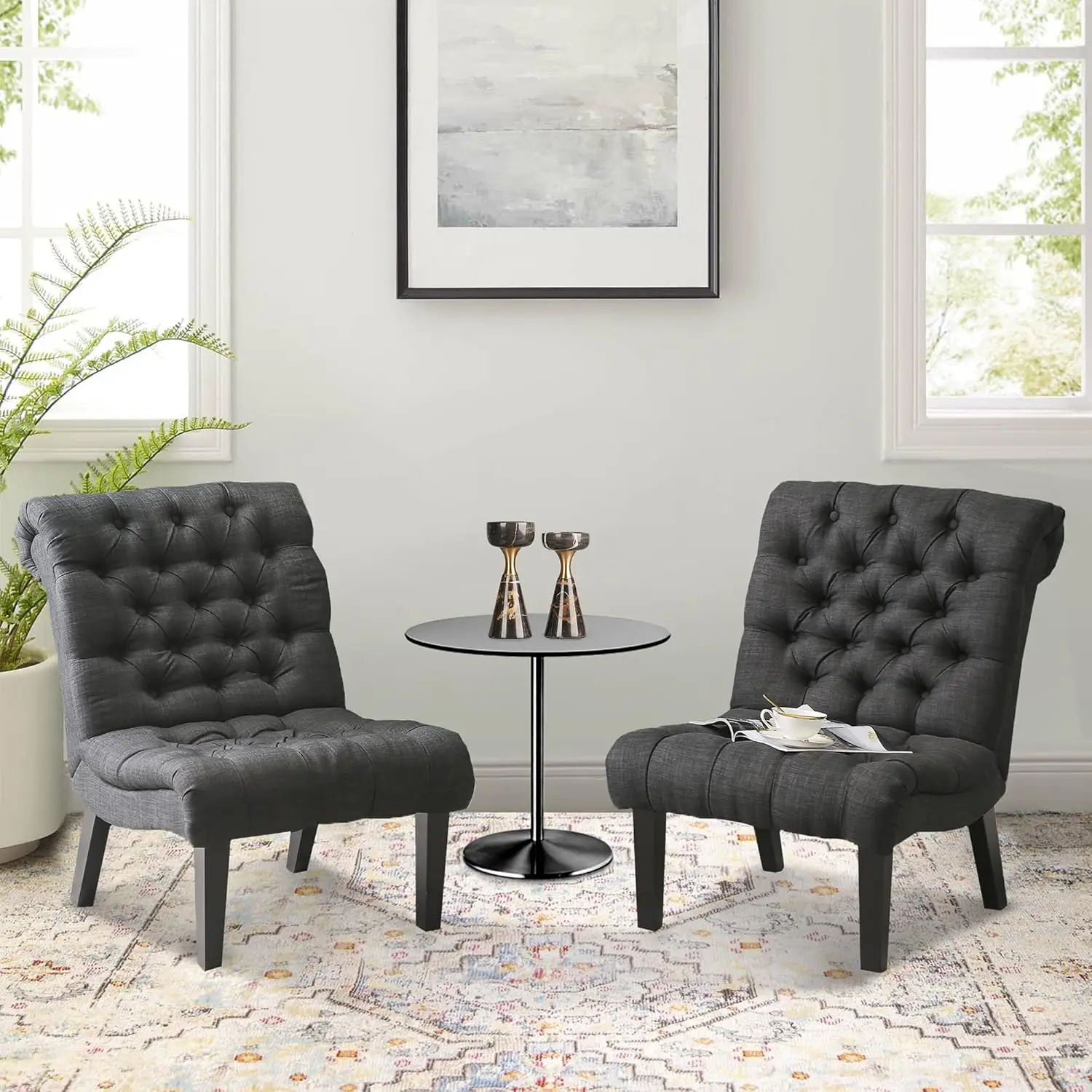 Armless Accent Chairs with Button Tufted for Living Room or Reception Room (Set of 2) Livingroom Chair, Gray