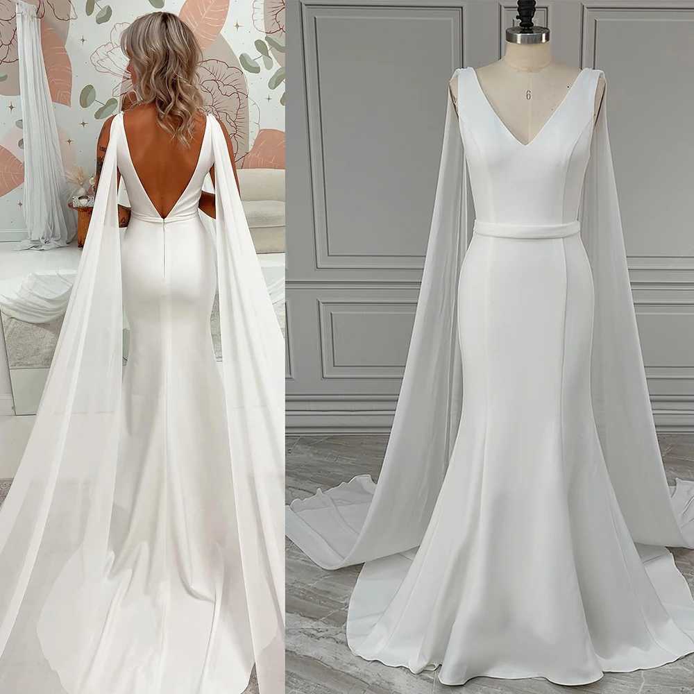 V Neck Column Crepe Wedding Dress Detachable Chiffon Shoulder Wings Custom Made Belt Simple V Neck Backless Satin Bridal Gowns