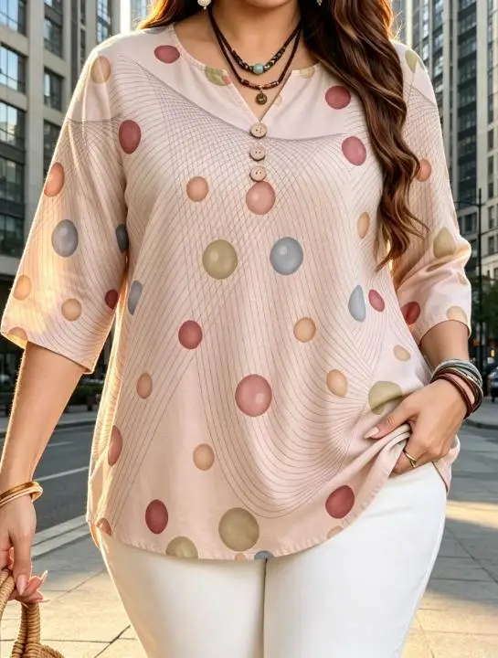 6 Colors Macaron Polka Dot Geometric Thin Line Print Blouses Notch Split V Neck 3 Buttons 3/4 Sleeve Women Daily Casual Tops
