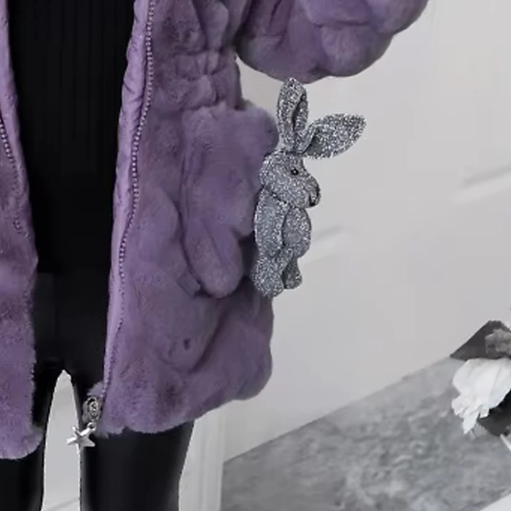 NEW Winter Mid-length Imitation Rabbit Fur Solid Waist Design Childrens Jacket With Cap New Long Sleeve Coat For Girls 4 8 12 Y