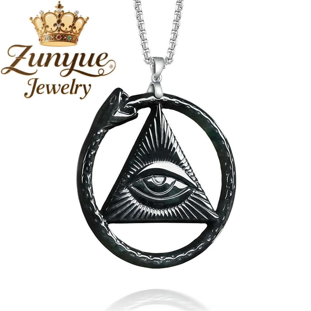 

S925 Silver Set With Natural Black Jadeite Coiled Snake And God's Eye Pendant Luxury Quality Fashion Fine Jewelry Exquisite Gift