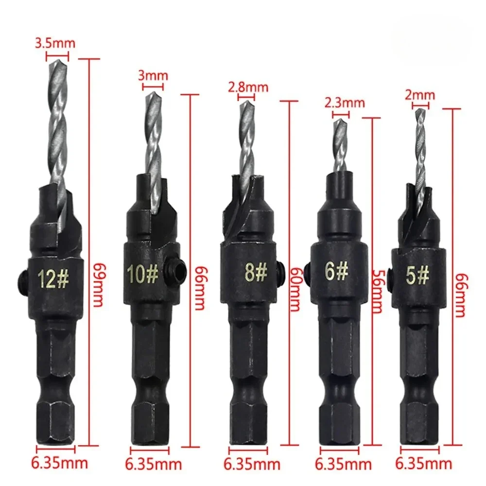 6PCS Woodworking Taper Drill Bit Set Hexagon Shank Screw Countersunk Hole Drilling Reaming Hardware Tool Kit
