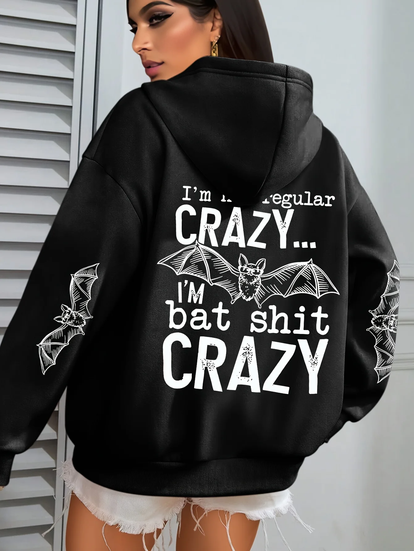 Gothic Style Bat Print Hoodie For Women Dark Aesthetic Bat Pattern On Back And Sleeve Casual Sleeve Hooded Pullover Sweatshirt