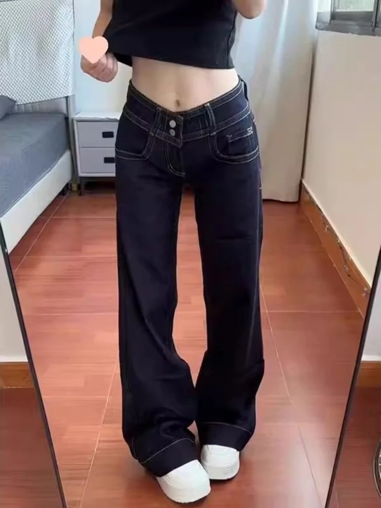 

American Retro Double Belt Low Waist Flared Jeans Women's Style Spring Slimming Versatile Straight Leg Pants