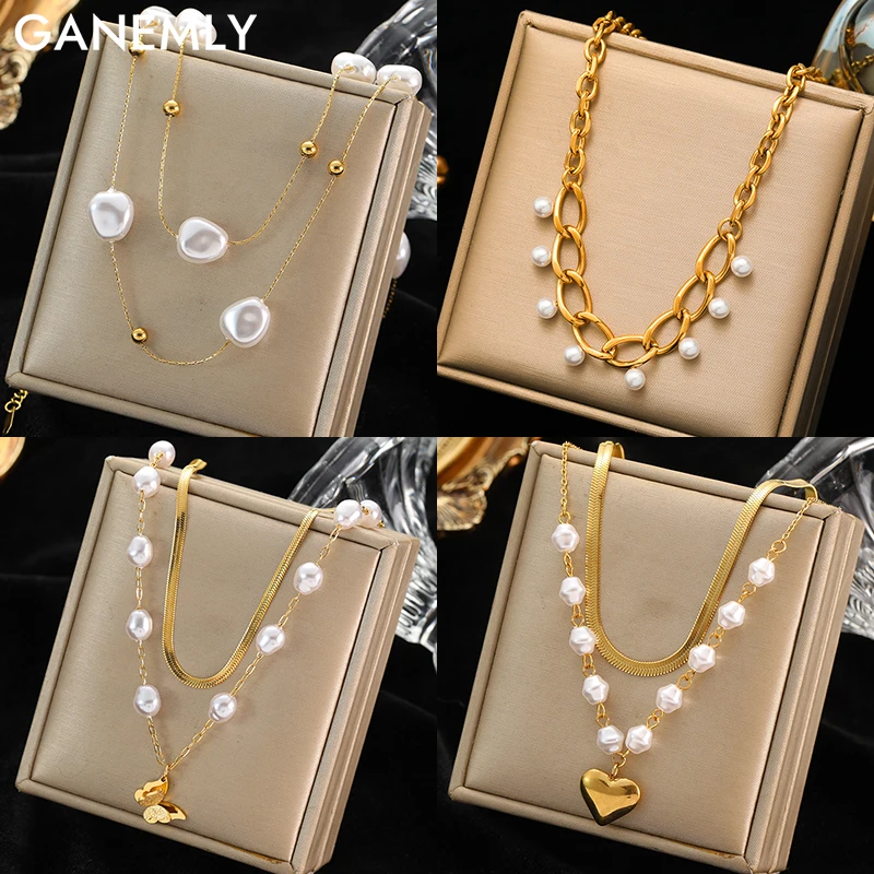 GANEMLY 316L Stainless Steel Butterfly Heart Pearl Necklace For Women Trendy New Neck Chain Waterproof Jewelry Party Gift Collar