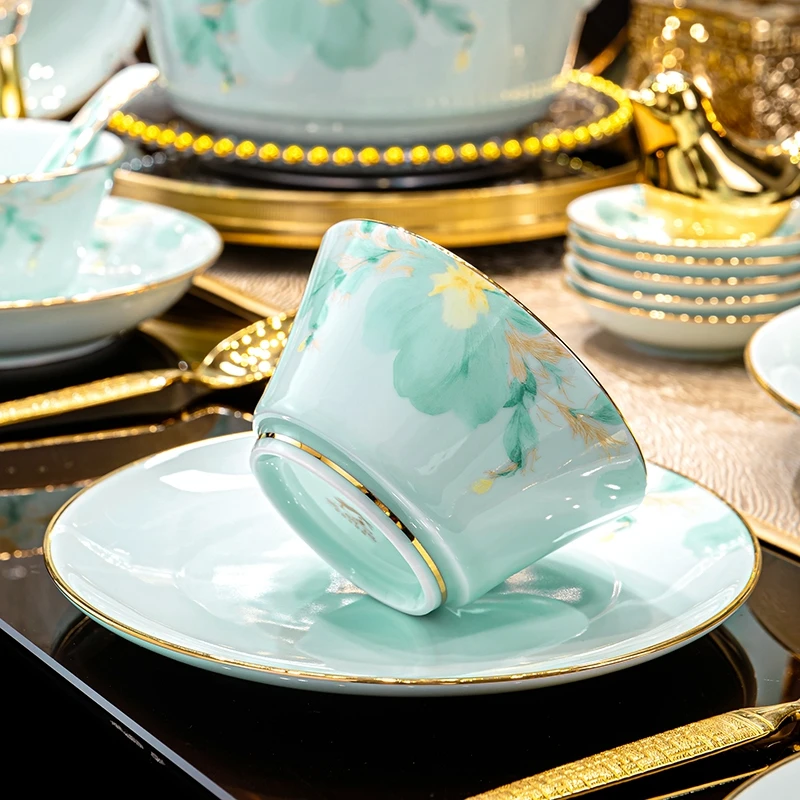 Complete Set Celadon Tableware Underglaze Painted Bowls Plates High-end Tableware Set Ceramic Bowls And Plates Housewarming Gift