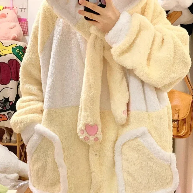 Warm Coral Velvet Pajamas Bathrobe Kawaii Girls Autumn Winter Sleepwear Thicken Soft Plush Hooded Long Homewear Women Loungewear