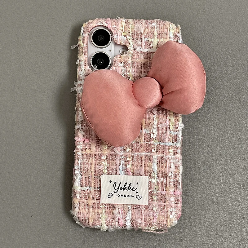 Fashion Pink Plush Weave Texture Bowknot Case For iPhone 16 Pro Max 15 13 14 12 Soft Fabric Phone Back Cover