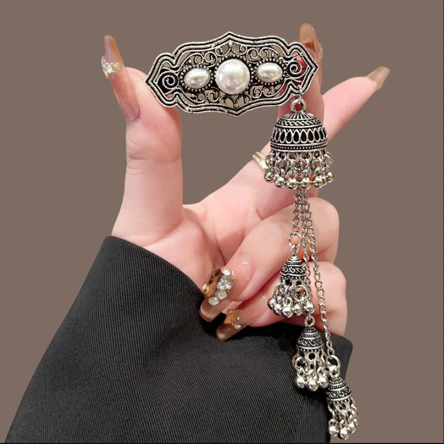 Ethnische Haarspangen im Glockenstil für Frauen, elegante Vintage-Haarspangen mit Metallquasten, trendige türkisfarbene Haaraccessoires für Mädchen – Detail 7
