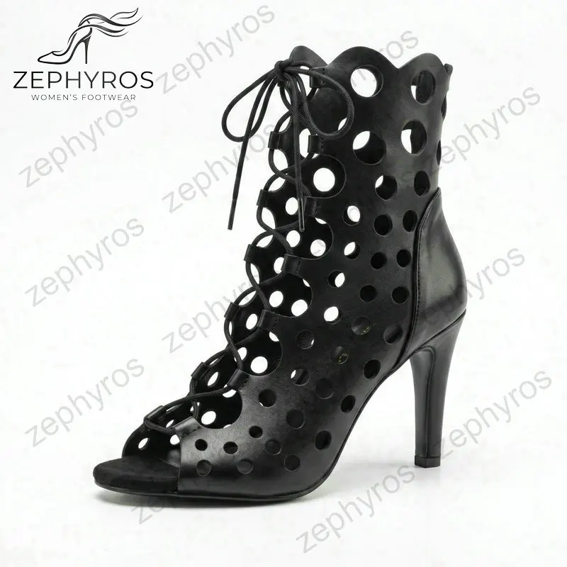 

Женские черные джазовые танцевальные туфли на шнуровке, на высоком каблуке, дышащие, с вырезами, для тренировок и выступлений, ботильоны на каблуке 7 см/9 см