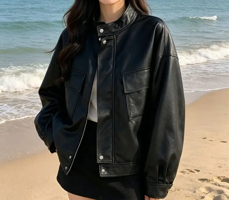 Motorcycle Leather Jacket Ladies 2026 Spring Autumn New Fashion PU Leather Coat Women Short Outcoat Stand Collar Casual Overcoat