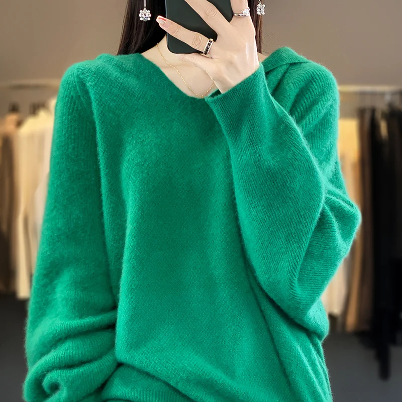 Autumn Winter New Women\'s 100% Wool Sweater Classic Fashion Female Solid Color Hooded Knitted Pullover Loose Soft Knit Jumper