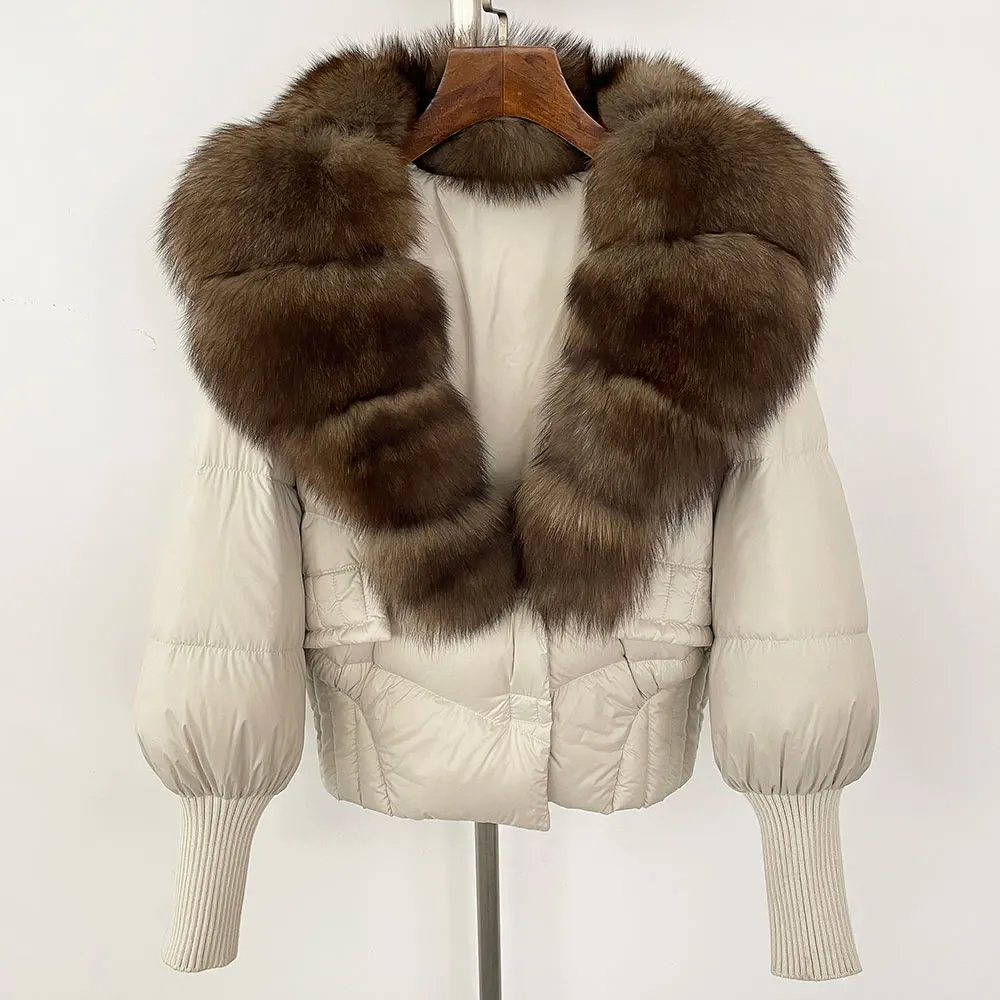 Abrigo con Cuello de piel para mujer, chaqueta de plumón de pato blanco, abrigo de piel de zorro de mapache Real, holgado, elegante, informal, para oficina, invierno, 2024