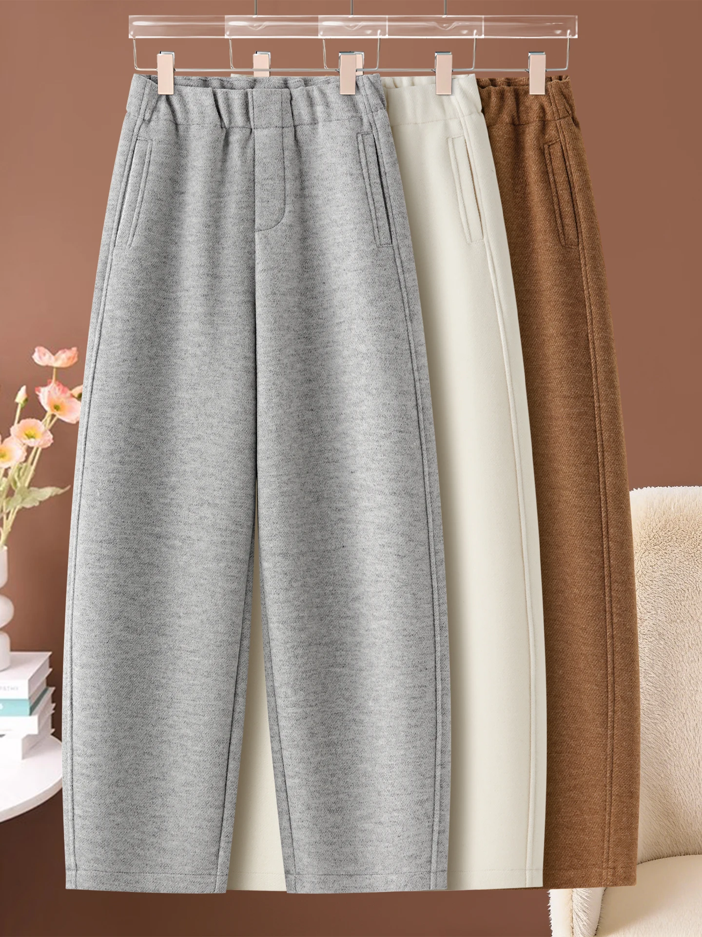 

High Waist Fleece Lined Woolen Harlan Pants Women's Autumn Winter Casual Wide Leg Pants Comfortable Breathable Warmth