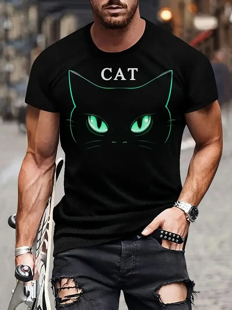 Cartoon Men\'s T-shirt Cat Pattern Print Summer Casual Short Sleeve T-shirt Street Round Neck Short Sleeve Top Oversized Clothing