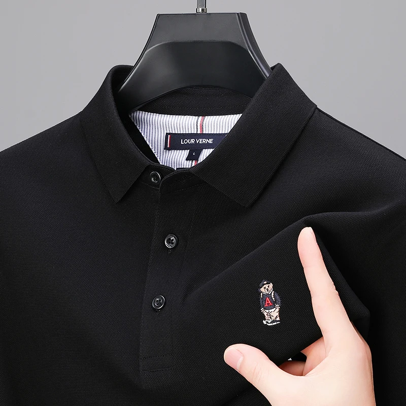 High end 100% cotton long sleeve men's polo shirt autumn fashion brand exquisite bear embroidery Korean version casual T-shirt