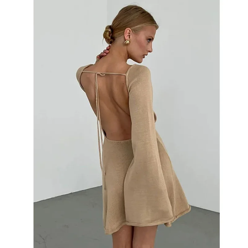 Long-sleeved knitted backless sexy dress autumn and winter 2023 bell-sleeved tight holiday skirt basic style simple sexy fashion