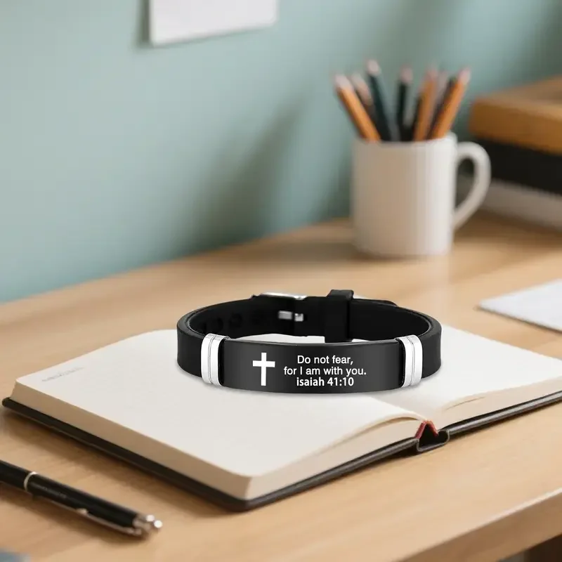 Cross Bracelet Inspirational Bible Quotes Faith Christian Silicone ID Wristband Religious Gift Men and Women Stainless Steel Rubber Adjustable Bracelet