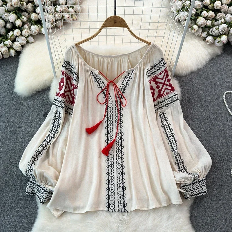 Retro Embroidered Shirt Top Female 2024 Spring Lace Up Tassel Loose Lantern Sleeves Ethnic Style Blouse Female A46