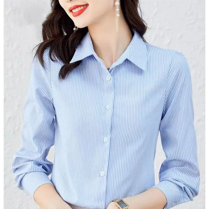 2023 NEW Upscale Striped Fashionable Loose Fitting Long Sleeved Trendy Temperament Casual Commuting Collar Women\'s Shirt