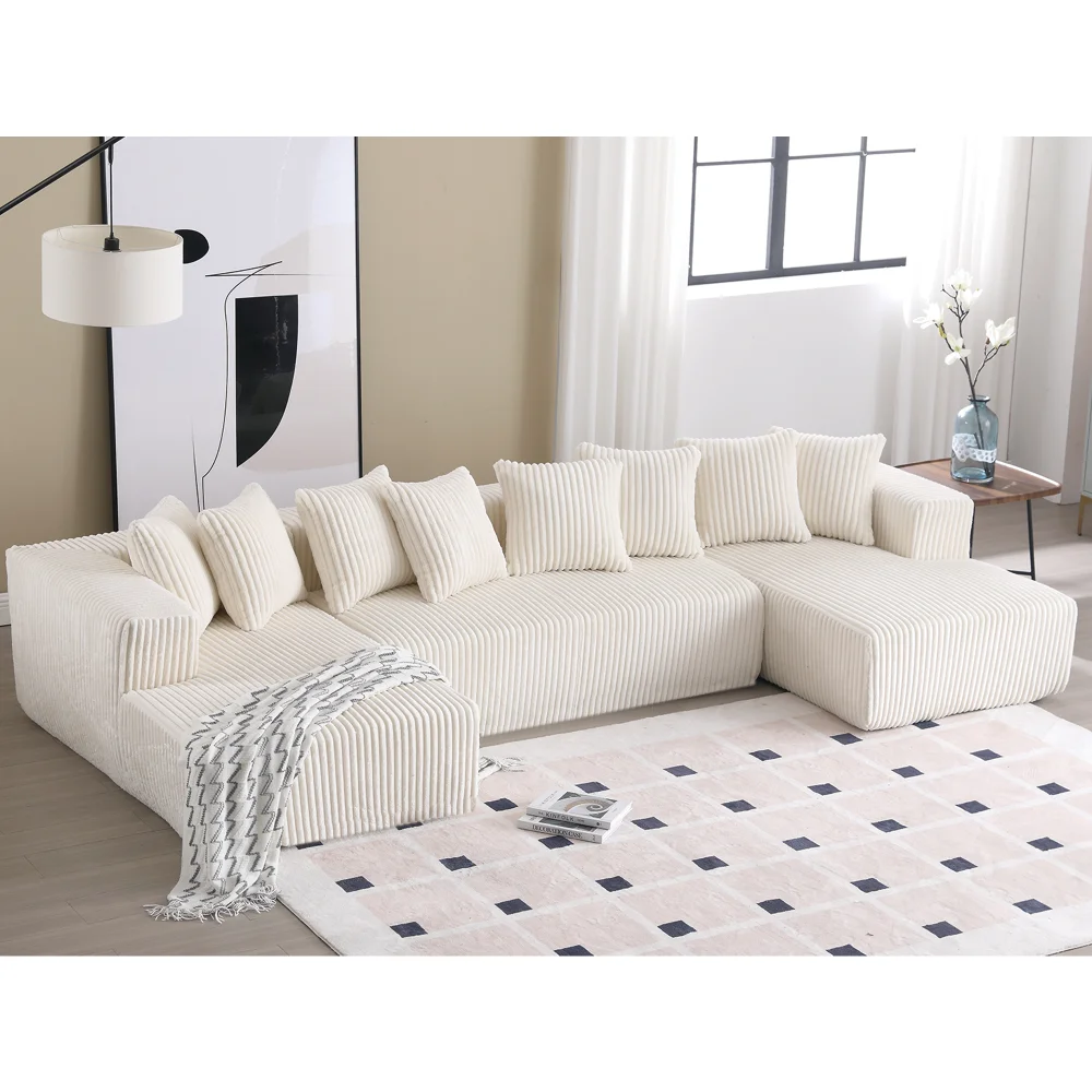 131'' Modular Sectional Couch, U-shaped Sofa, Chaise Lounge, Striped Fabric Corduroy, Upholstered 4 Seater Couch for Living Room