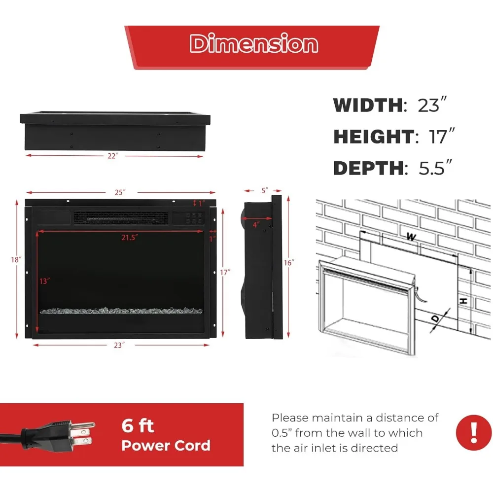Infrared Quartz Electric Fireplace Insert 23-Inch, 1500W Heater with Remote Control, Thermostat, Recessed Fireplace for Home