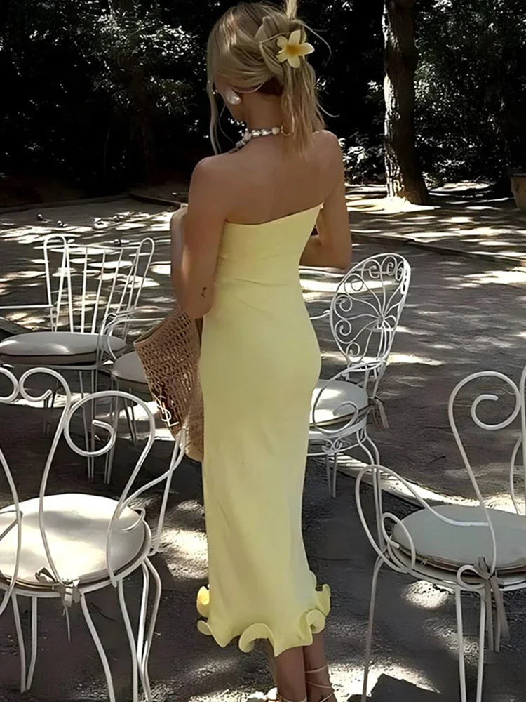 Vestido largo sexi sin mangas con Top de tubo para mujer, vestidos de noche elegantes ajustados con orejas de hongo y ondas grandes, novedad de verano sin mangas