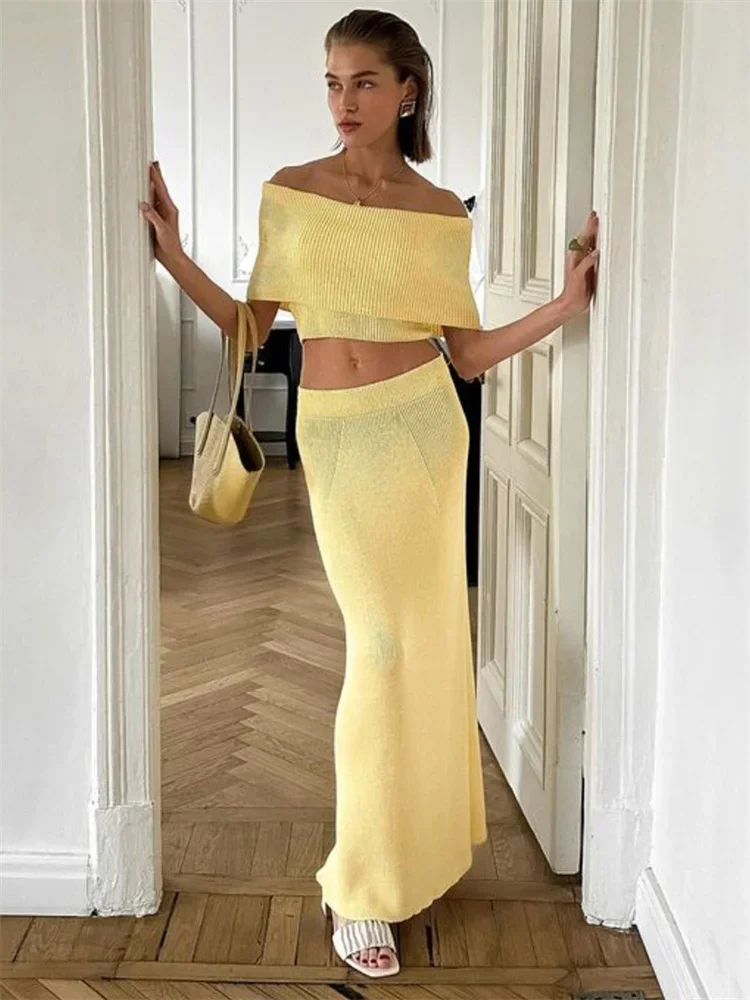 

Knit Ribbed 2 Piece-Set Long Skirt For Women Backless Solid Cropped Sweater Pullover And Slim Knitwear Maxi Skirt Outfits